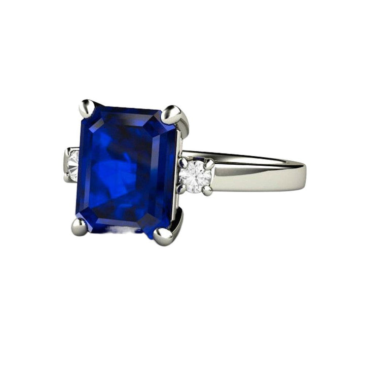 Emerald Cut Blue Sapphire Ring 3 Stone Engagement with Diamonds - Rare Earth Jewelry