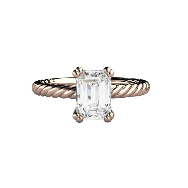 Emerald Cut Moissanite Solitaire Engagement Ring Rope Twisted Band - Rare Earth Jewelry