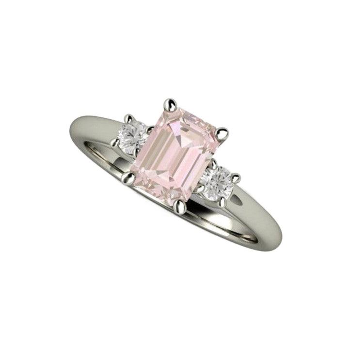 Emerald Cut Morganite Engagement Ring, 3 Stone with Diamonds in Gold or Platinum