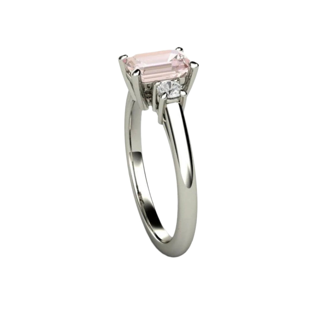 Emerald Cut Morganite Engagement Ring, 3 Stone with Diamonds, Side View