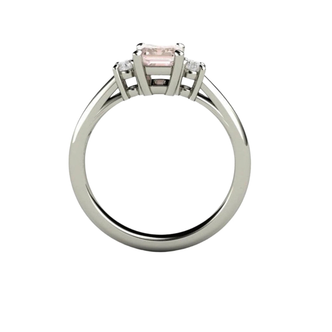 Emerald Cut Morganite Engagement Ring, 3 Stone with Diamonds, Profile View