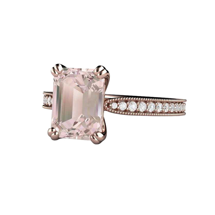 Emerald Cut Morganite Engagement Ring Vintage Style Accented Solitaire - Rare Earth Jewelry