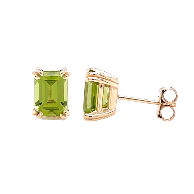 A pair of 14K Gold Peridot Earrings, Emerald Cut Natural Peridot Studs with Double Prongs, August Birthstone Earrings from Rare Earth Jewelry