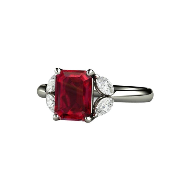 An emerald cut Ruby ring with marquise cut diamond accents, Ruby and diamond enagement ring in gold or platinum from Rare Earth Jewelry