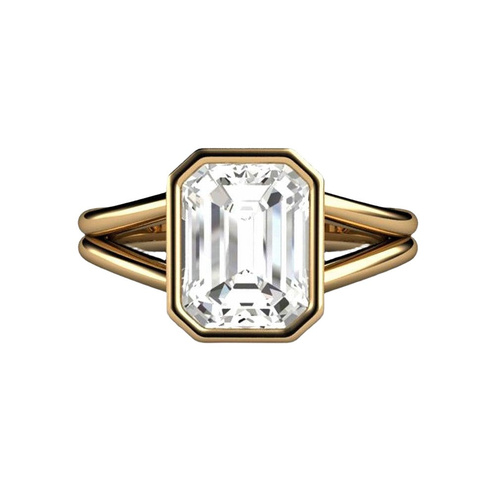 Emerald Cut White Sapphire Ring Bezel Set Solitaire Engagement Ring - Rare Earth Jewelry