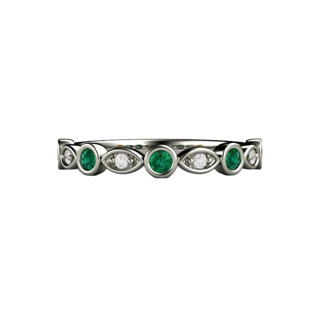 Emerald and diamond ring in gold or platinum, an enchanting wedding ring, anniversary band, or stacking ring with sparkling emeralds and diamonds bezel-set in a scalloped setting. May birthstone jewelry from Rare Earth Jewelry