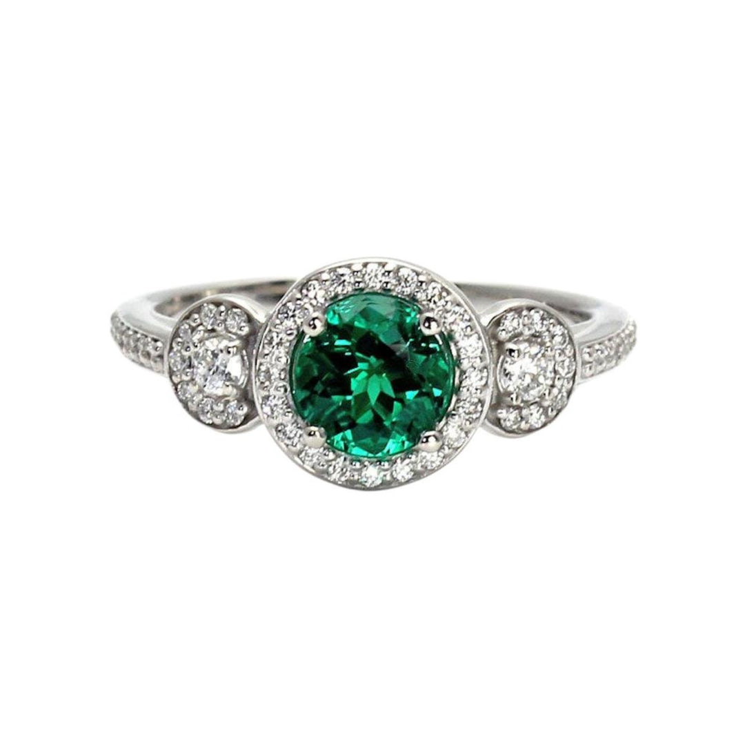 Emerald Engagement Ring | 3 Stone Diamond Halo in 14K 18K Gold or Platinum