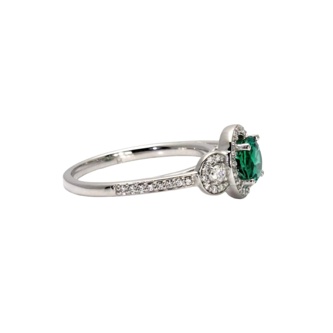 Emerald Engagement Ring | 3 Stone Diamond Halo in Gold or Platinum, Side View