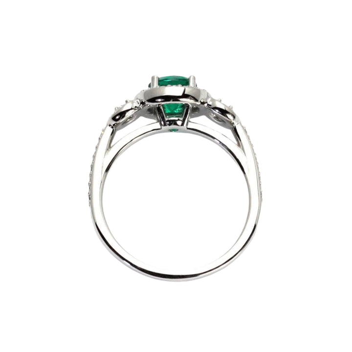 Emerald Engagement Ring | 3 Stone Diamond Halo in Gold or Platinum, Profile View