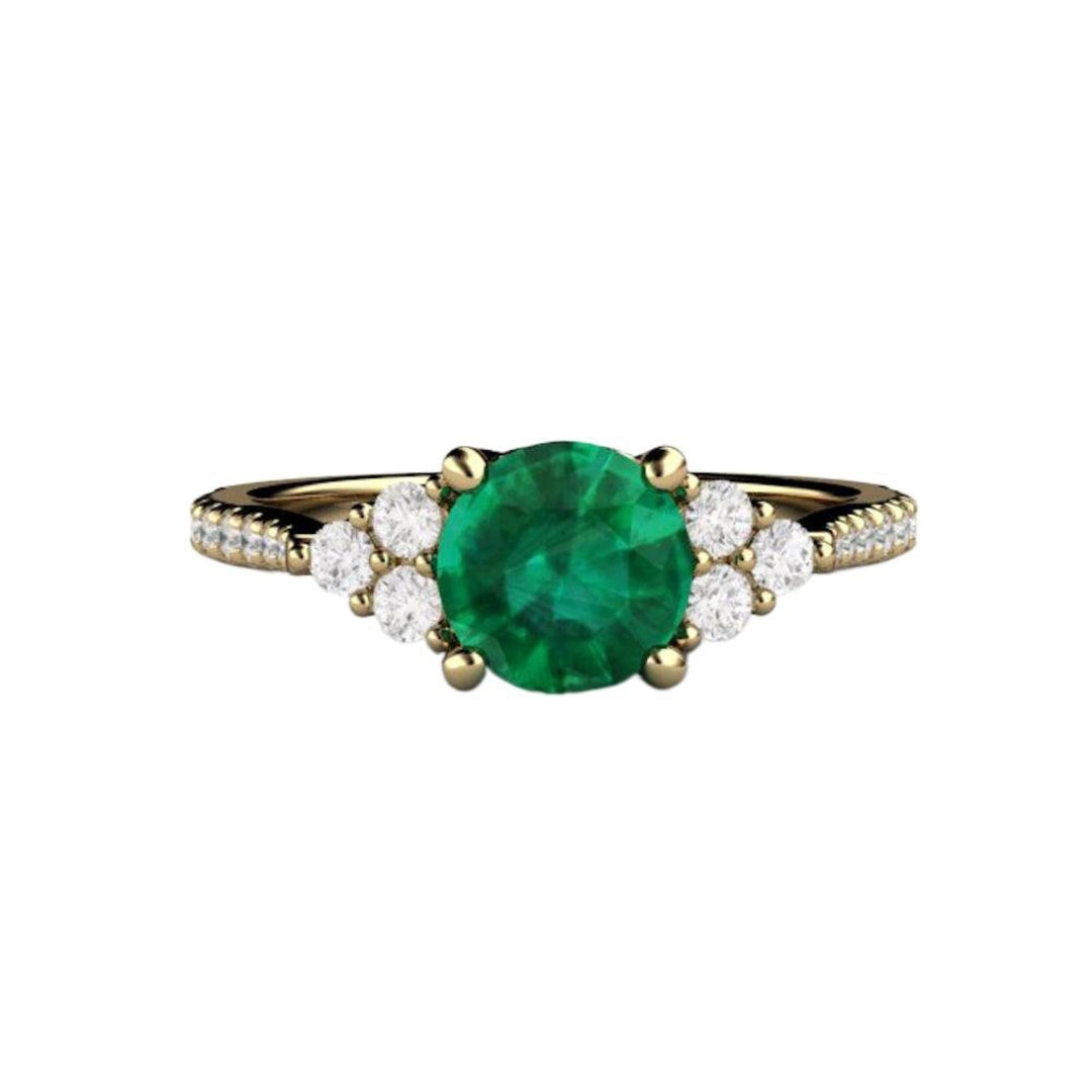 Round Emerald Engagement Ring,  French Pave Diamond Setting | Rare Earth Jewelry