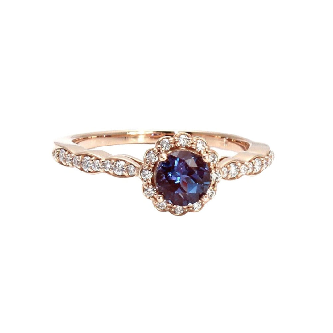 Feminine Alexandrite Engagement Ring with Scalloped Halo and Vintage Style Diamond Halo Design, Shown in Rose Gold from Rare Earth Jewelry.