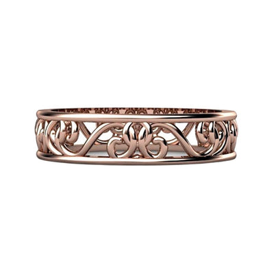 A 5mm wedding band with a vintage style filigree design in gold or platinum from Rare Earth Jewelry.