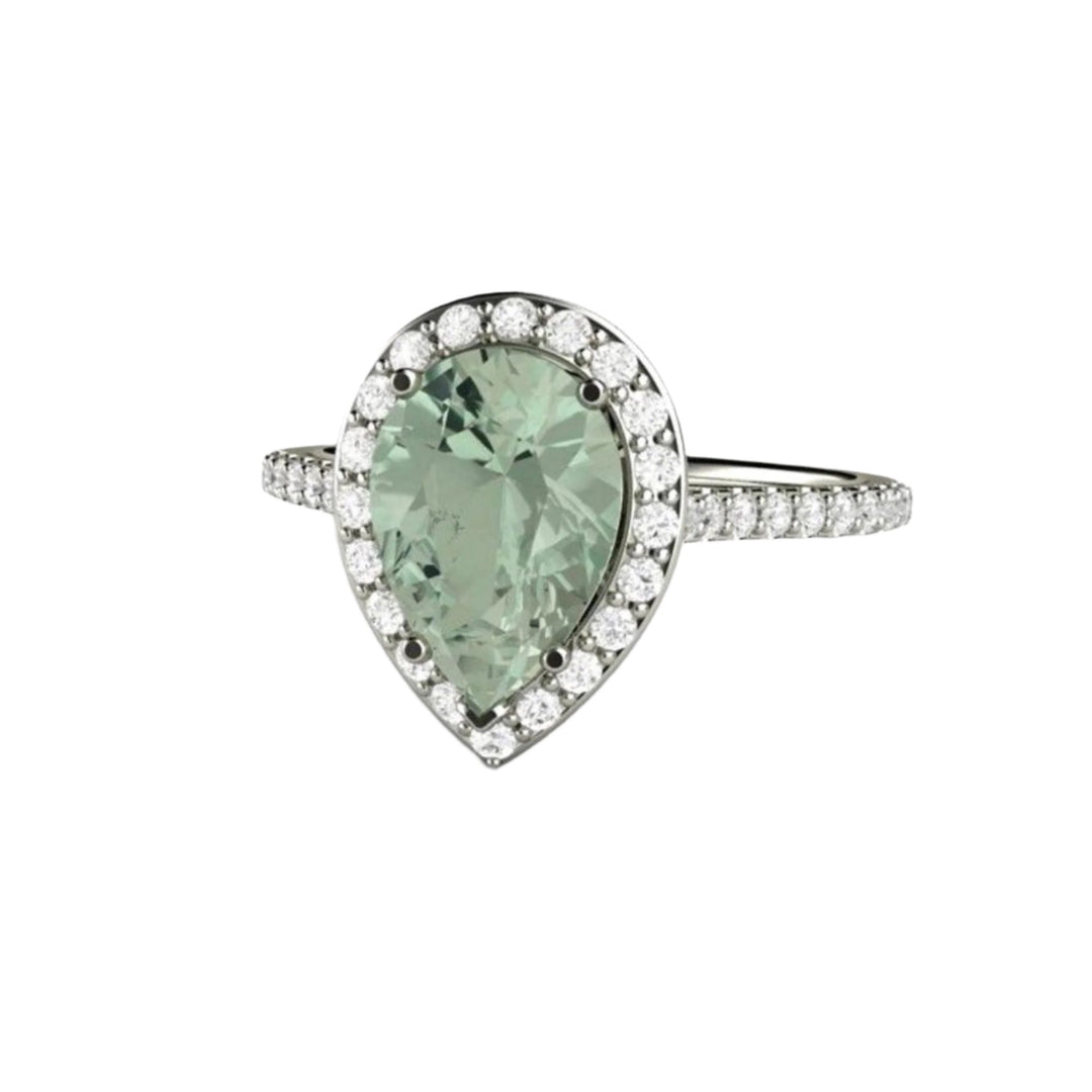 Pear Cut Green Amethyst Engagement Ring | Pear-Shaped Light Green Gemstone Ring with Pave Set Diamonds