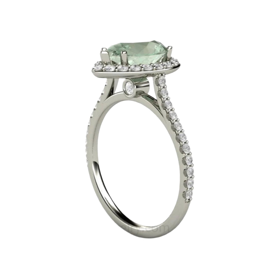 Green Amethyst Pear Engagement Ring showing Cathedral Setting and Hidden Diamond in the Gallery