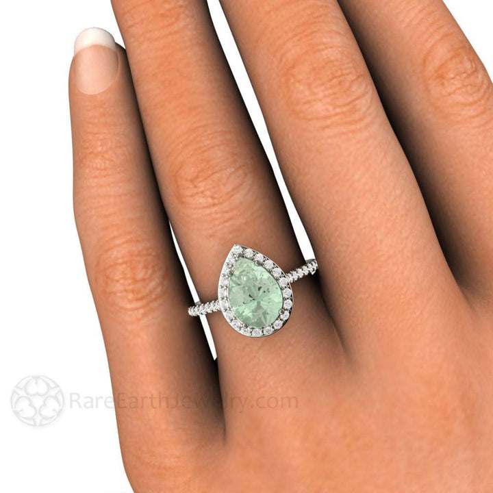 Green Amethyst Pear Engagement Ring | Teardrop Gemstone with Diamond Halo on the Hand