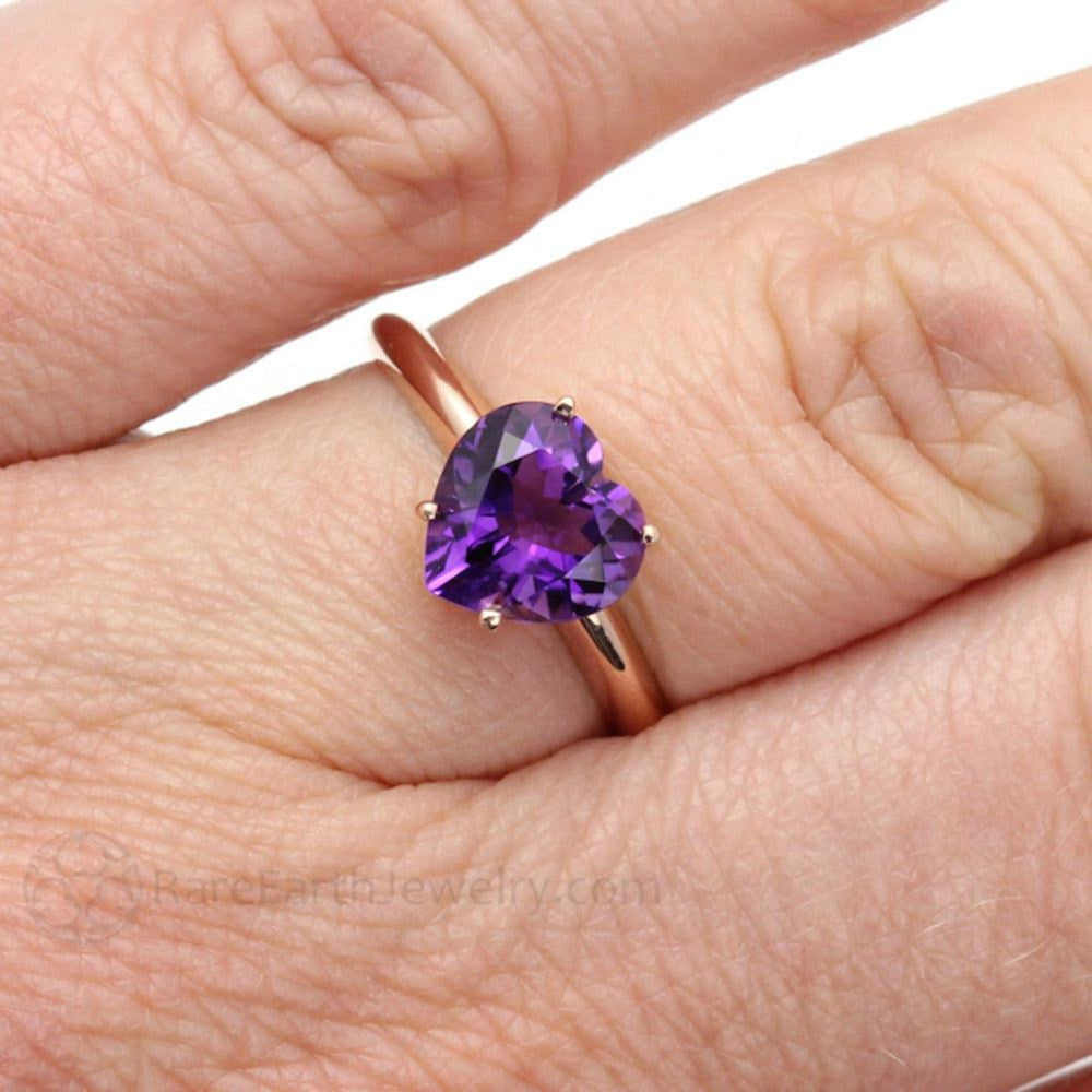 Heart Cut Amethyst Ring 14K or 18K Gold February Birthstone, Heart Shaped Ring on the Finger