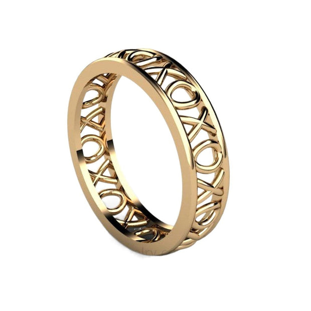 A 5mm band with an XOXO pattern representing hugs and kisses wedding ring, eternity band or stackable band in gold or platinum from Rare Earth Jewelry.