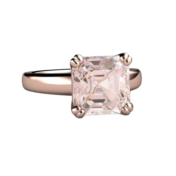 Large Asscher Cut Morganite Engagement Ring Solitaire with Double Prongs - Rare Earth Jewelry