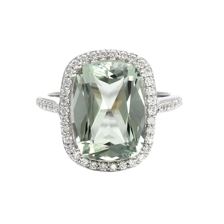 Green Amethyst Statement Ring with Diamond Halo, Large Cushion Cut Ring with Light Green Natural Gemstone