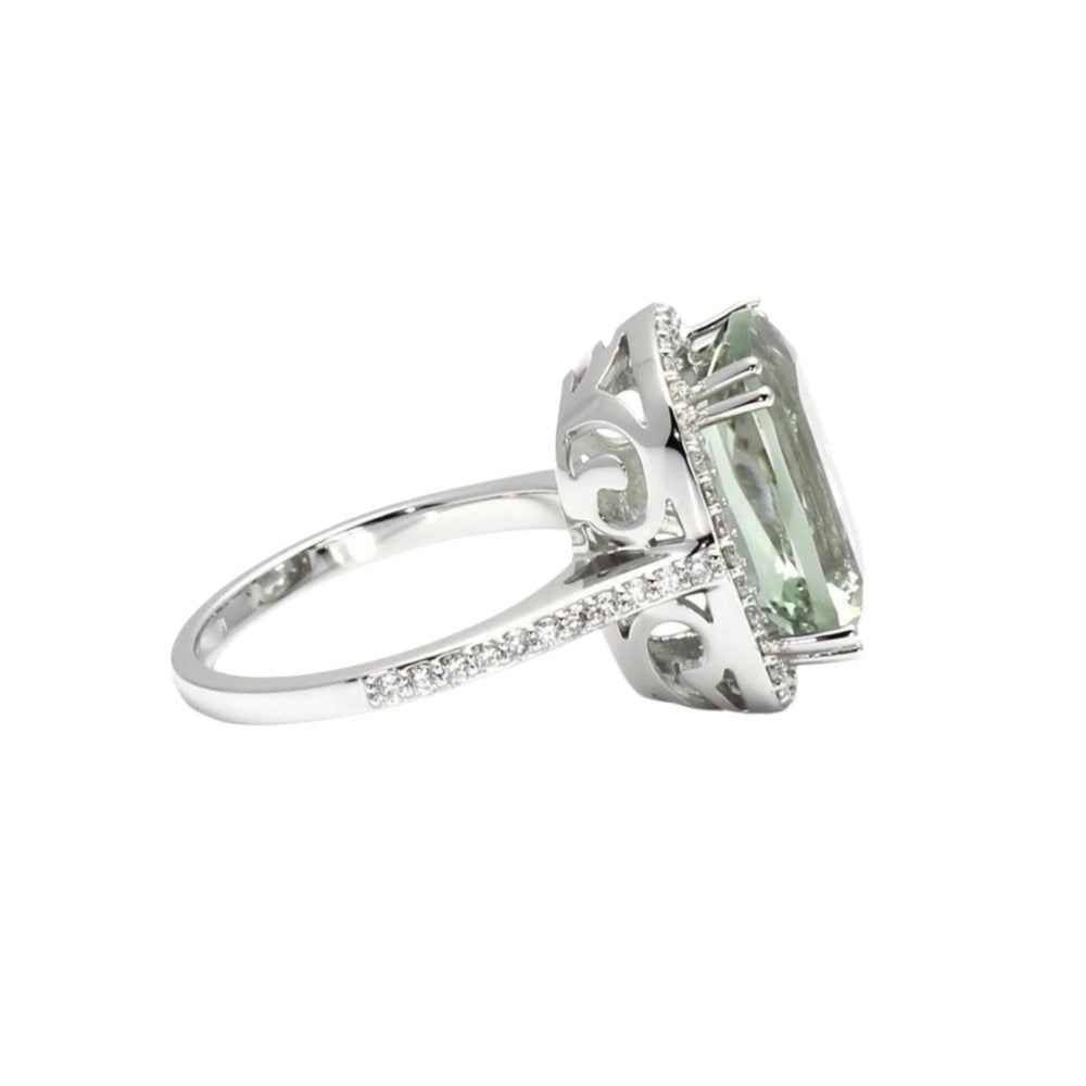 Green Amethyst Statement Ring with Diamond Halo, Large Cushion Cut Ring - Side View Showing Decorative Gallery and Diamond Accented Band