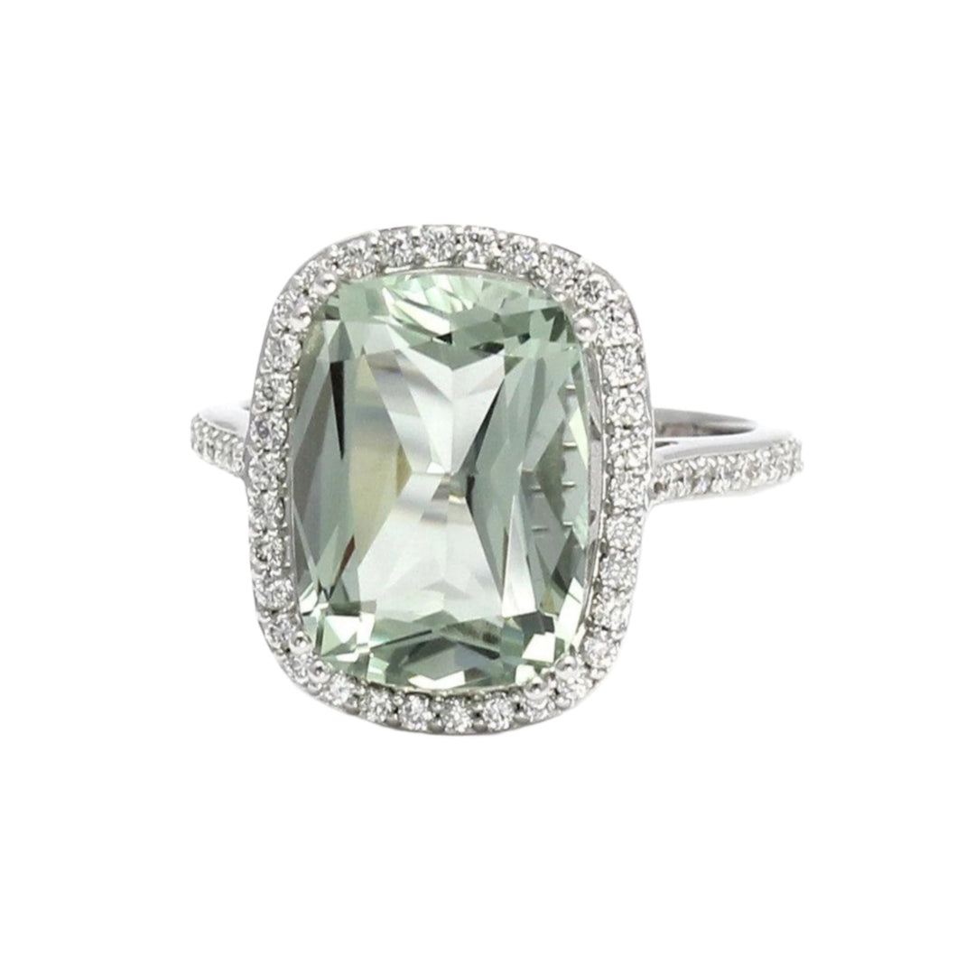 Large Green Amethyst Ring, Cushion Cut Natural Prasiolite Ring with Diamonds in Gold or Platinum