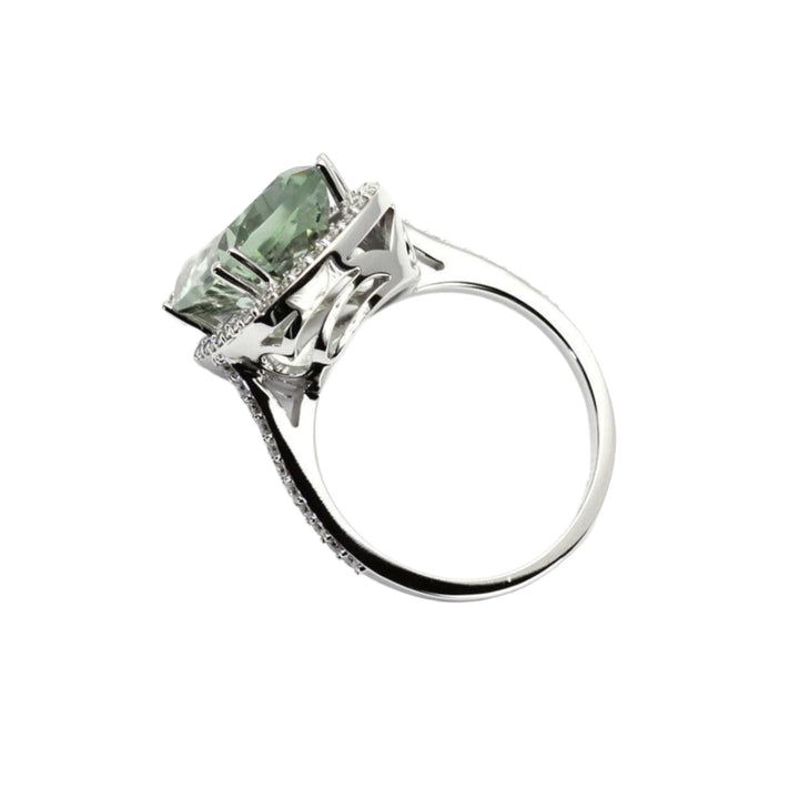 Large Green Amethyst Ring Cushion Cut Statement Ring Diamond Halo in profile view - Rare Earth Jewelry