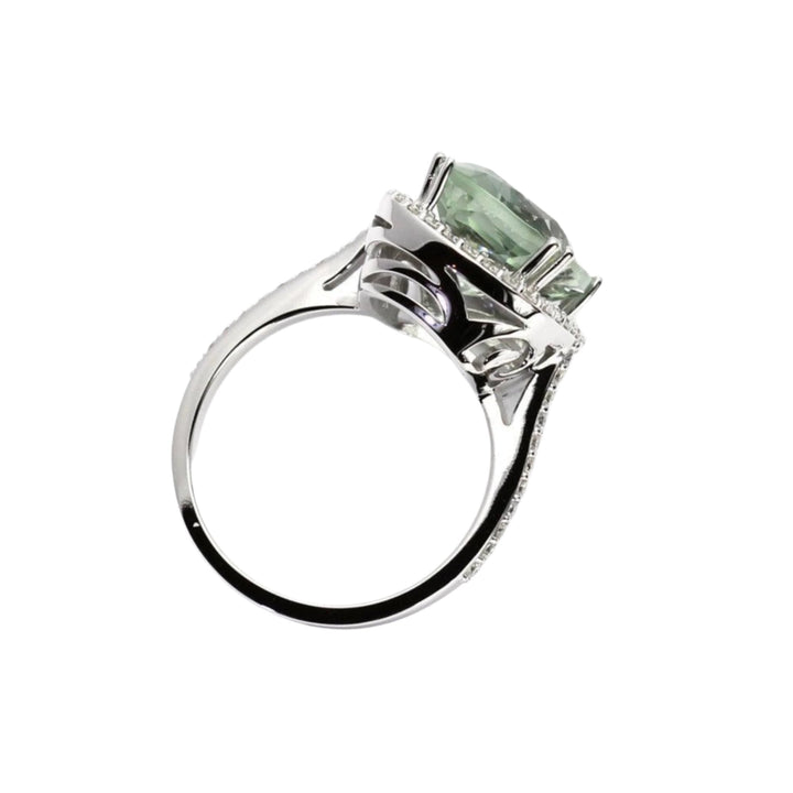 Large Green Amethyst Ring Cushion Cut Statement Ring Diamond Halo in Gold or Platinum