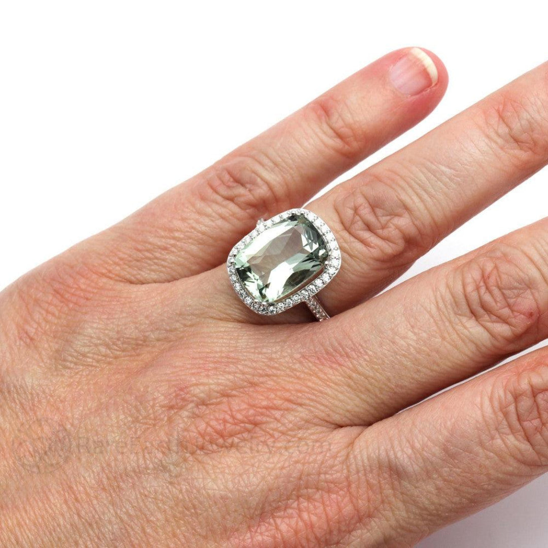 Large green Amethyst ring with diamond halo, natural pastel green gemstone ring shown on the hand