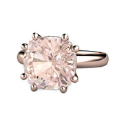 A large Morganite ring with a 10mm cushion cut natural Morganite, a peach pink natural gemstone in an 8 prong solitaire design available in gold or platinum from Rare Earth Jewelry.
