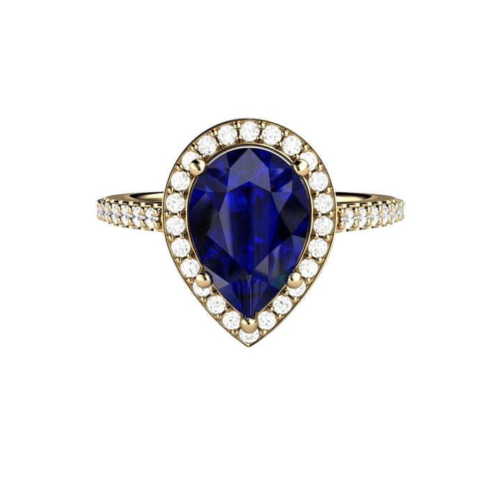 Large Pear Cut Blue Sapphire Engagement Ring Pave Diamond Halo - Rare Earth Jewelry