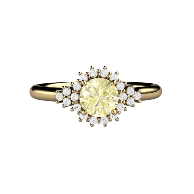 A lemon Yellow Sapphire engagement ring with a pretty, feminine vintage style cluster design and a light pastel yellow natural sapphire and diamonds in gold or platinum from Rare Earth Jewelry.