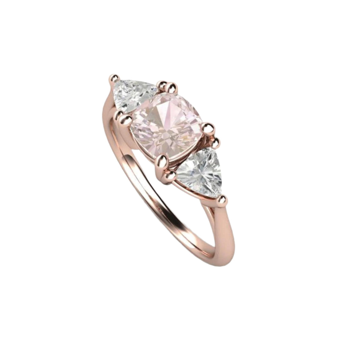 Pastel Pink Sapphire Engagement Ring, 18K Rose Gold, Cushion Cut 3 Stone Ring with Trillions