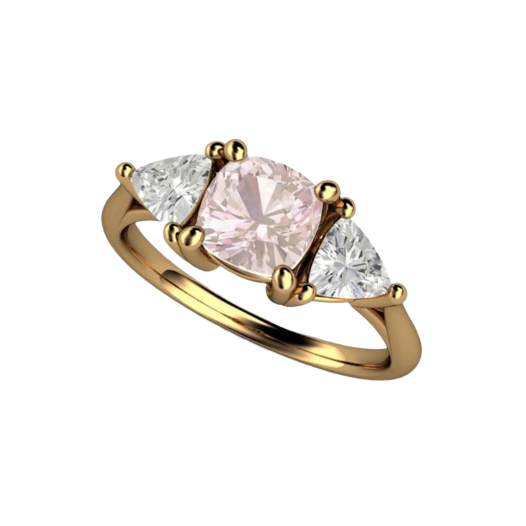 Pink Sapphire Cushion Cut Engagement Ring, 3 Stone Design, White Sapphire Trillions, 18K Yellow Gold