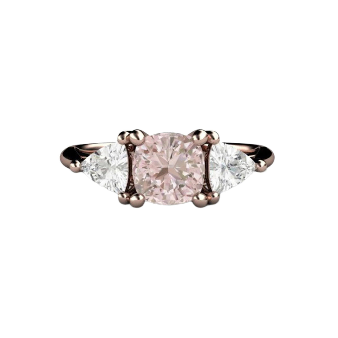 Pastel Pink Sapphire Engagement Ring, Cushion Cut, Three Stone Style, White Sapphire Trillions