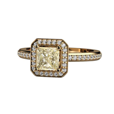 A light pastel yellow sapphire engagement ring with a princess cut natural sapphire in a square diamond halo design in gold or platinum from Rare Earth Jewelry.