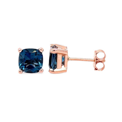 A pair of natural London Blue Topaz earrings, square cushion cut London Blue Topaz Studs in 14K Gold, December birthstone earrings from Rare Earth Jewelry.