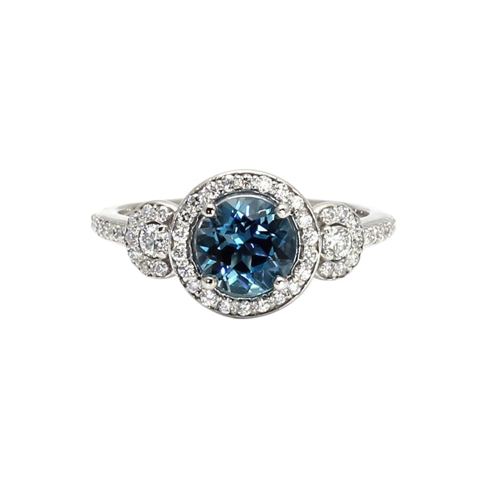 London Blue Topaz Engagement Ring 3 Stone Diamond Halo - Rare Earth Jewelry