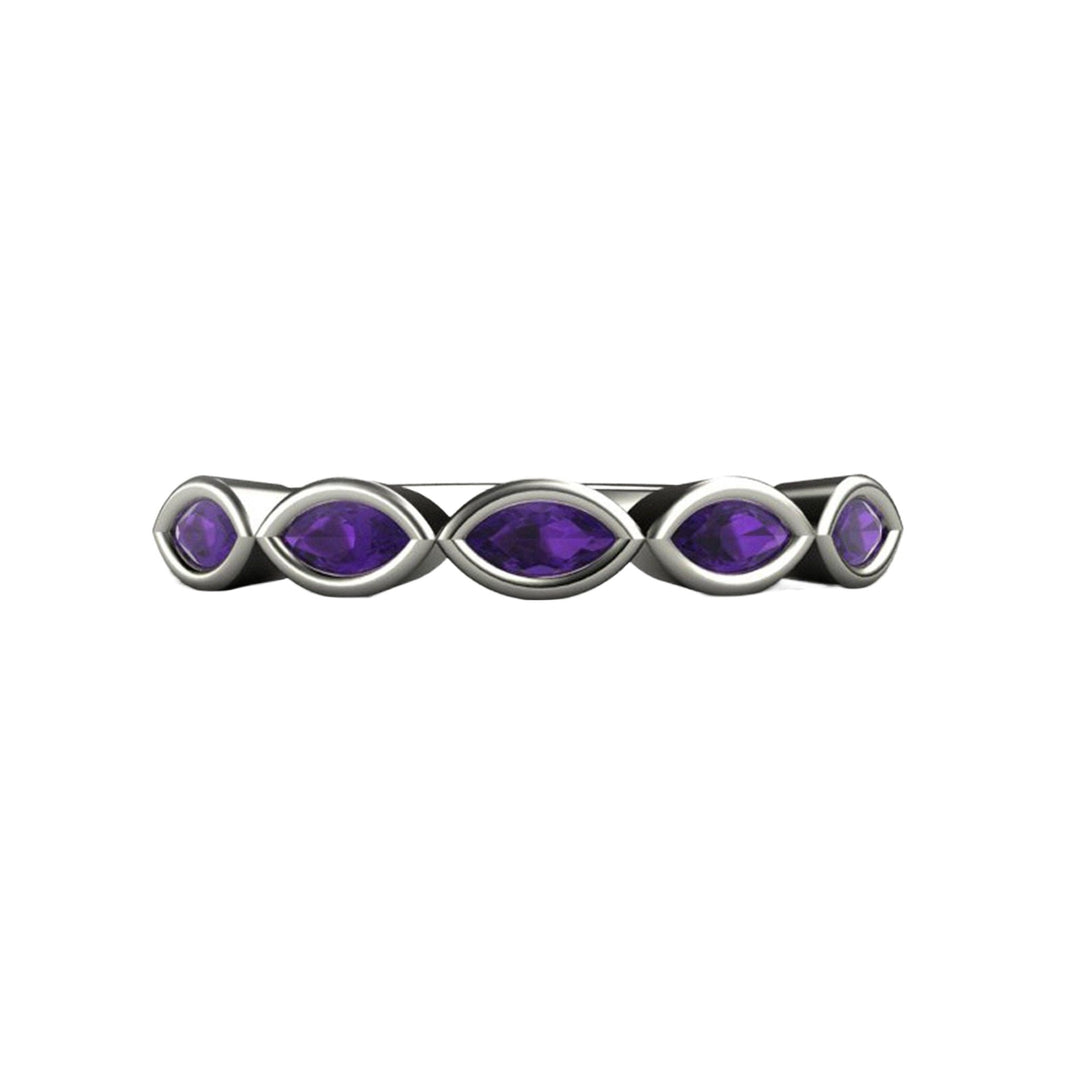 Modern Marquise cut Amethyst ring, unique design with Amethyst bezel set horizontally across the band, a unique February birthstone stackable band