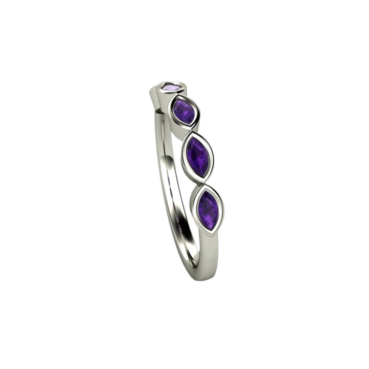 Amethyst stacking ring, bezel set marquise cut gemstones, side view of modern design in 14K or 18K Gold.