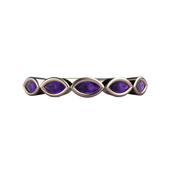 Amethyst anniversary band with five bezel set marquise gemstones in minimalist rose gold design, perfect for stacking.