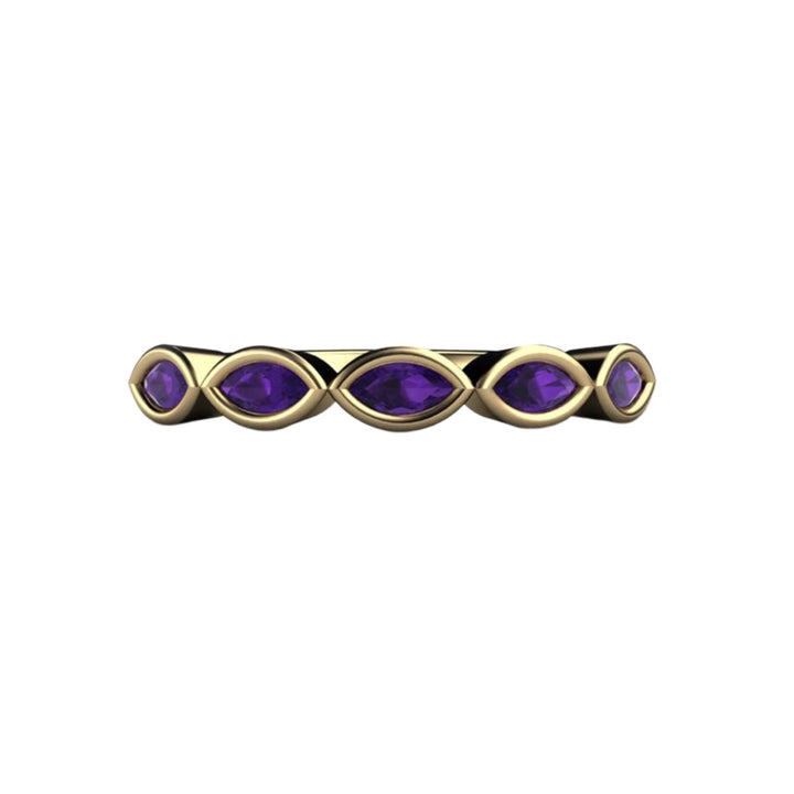 Natural Amethyst ring with 5 east-to-west marquise stones in bezel set, minimalist 14K yellow gold design, perfect for stacking.