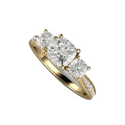 A 3 Stone Forever One Moissanite Cushion Cut Engagement Ring with accented band, shown in Yellow Gold from Rare Earth Jewelry.