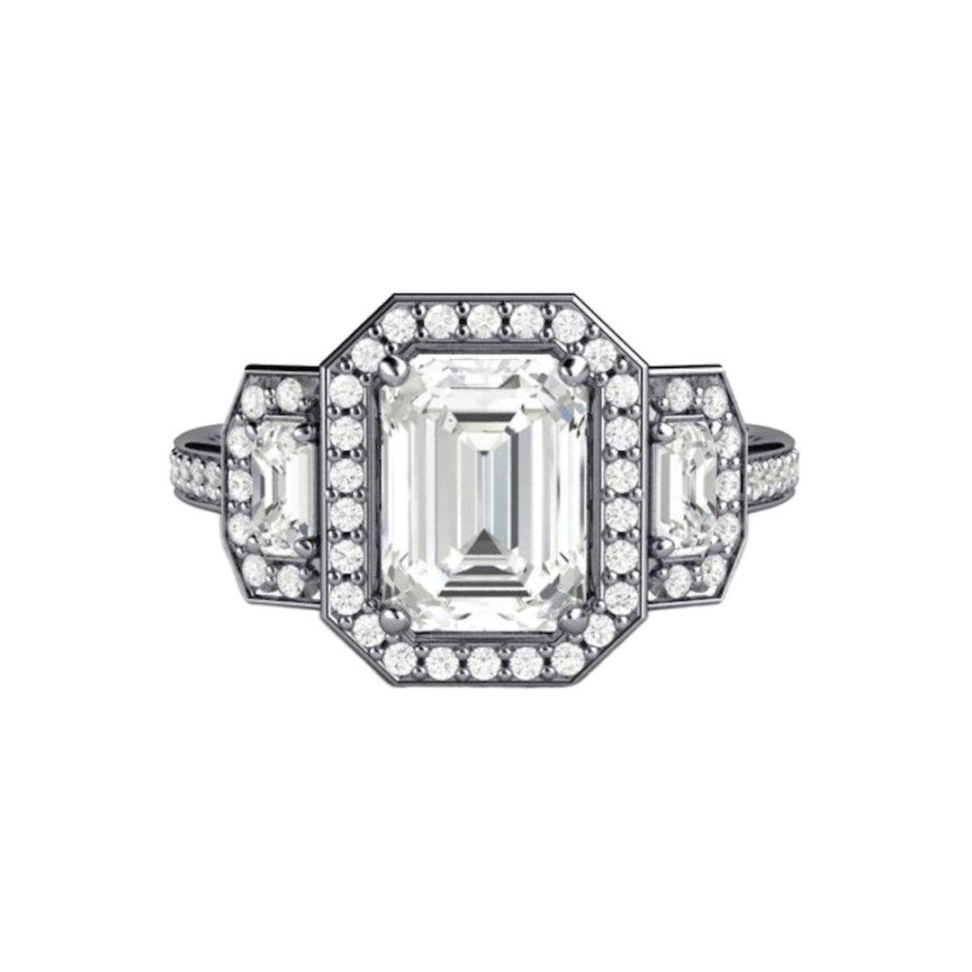 Three Stone Moissanite Engagement Ring | Emerald Cut Halo with Diamond Accents, Rare Earth Jewelry