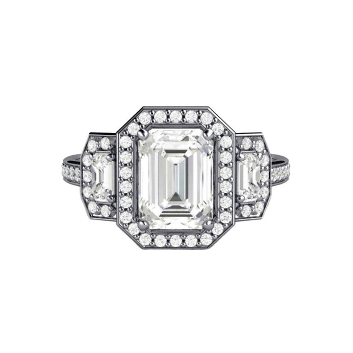 Three Stone Moissanite Engagement Ring | Emerald Cut Halo with Diamond Accents, Rare Earth Jewelry
