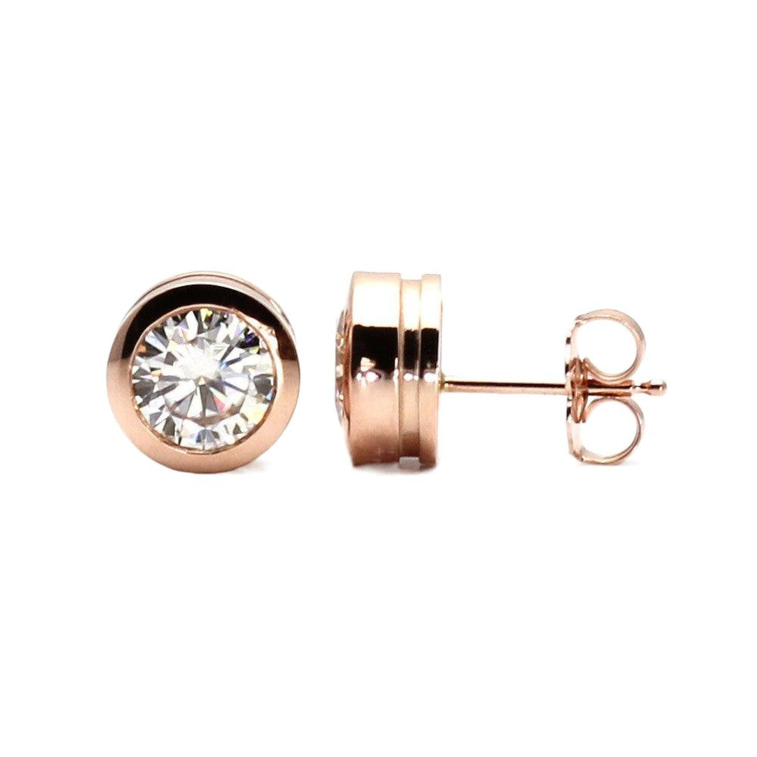 14K Gold Moissanite Stud Earrings Round Bezel Set Moissanite Earrings in 1ct, 1.5ct or 2ctw Sizes