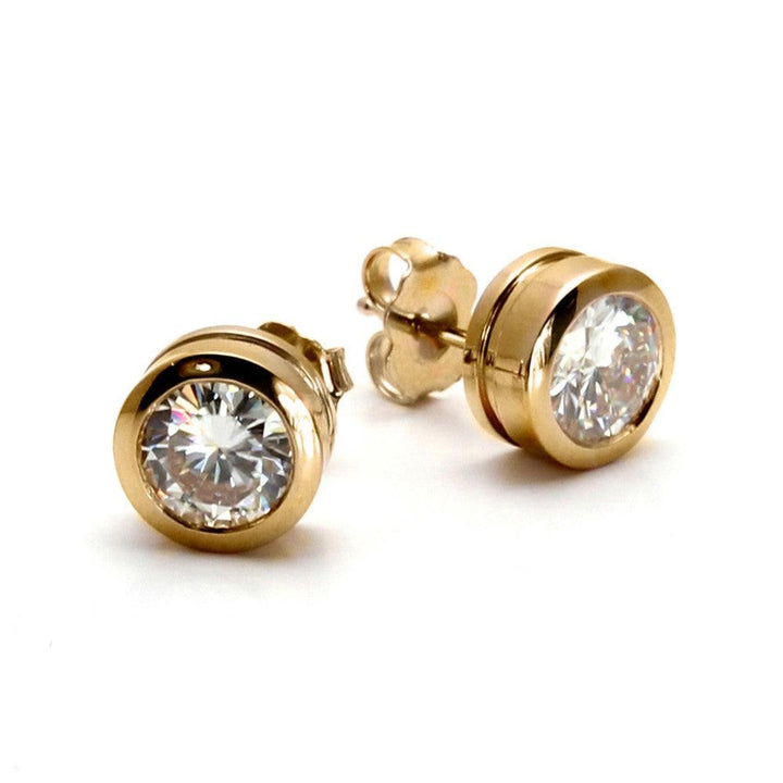 14K Gold Moissanite Studs Round Bezel Set Moissanite Earrings