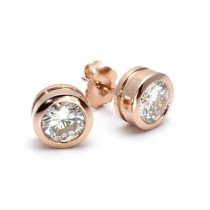 14K Gold Moissanite Stud Earrings, Round Bezel Set Lab Grown Earrings