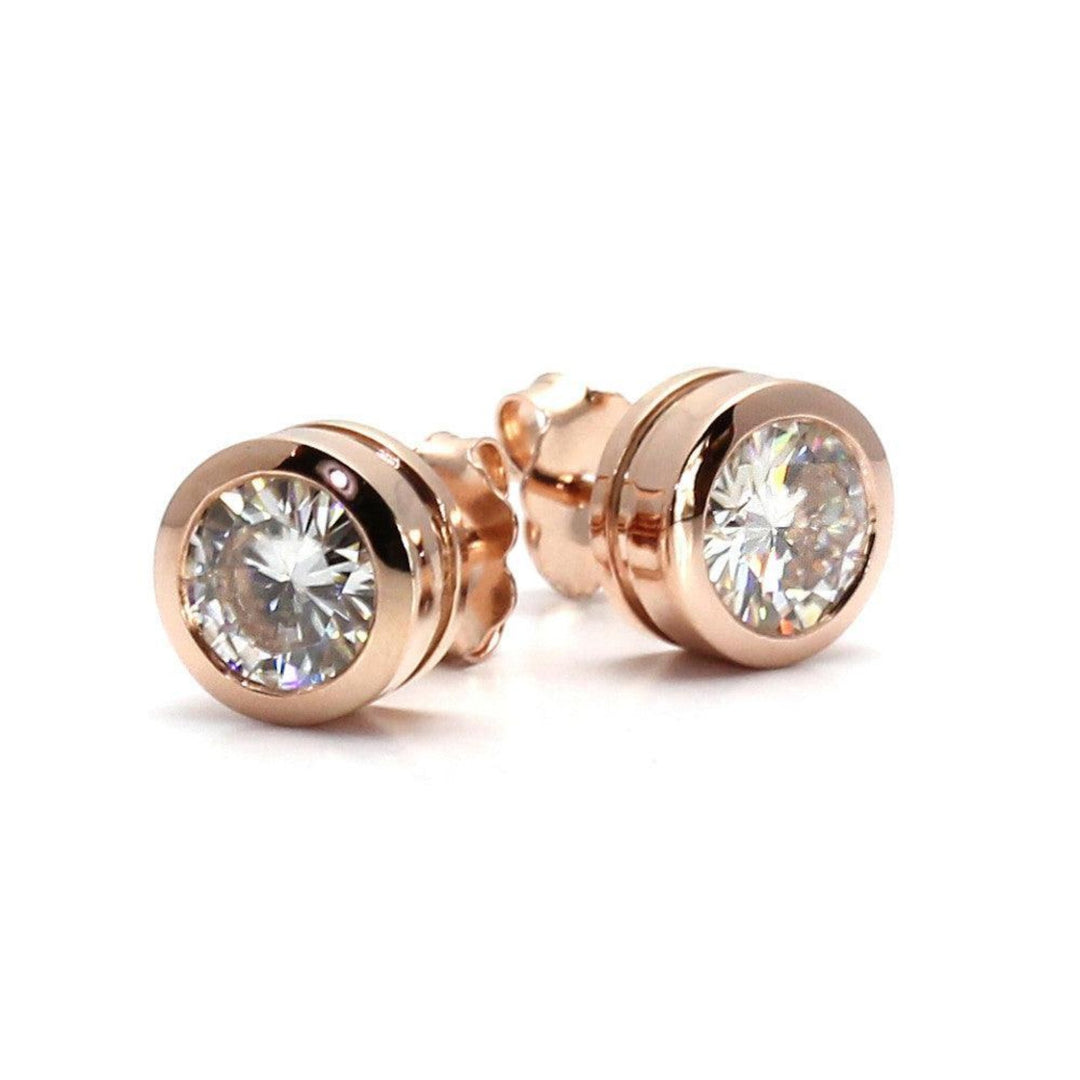 14K Gold Moissanite Studs Round Bezel Set Moissanite Earrings, Rose Gold