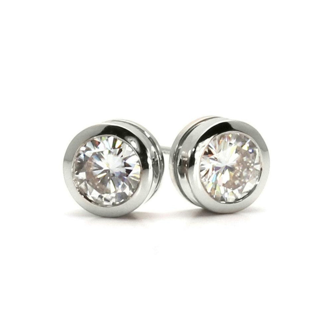 1ct Moissanite Studs Round Bezel Set Moissanite Earrings in 5mm, 6mm and 6.5mm, 14K White Gold