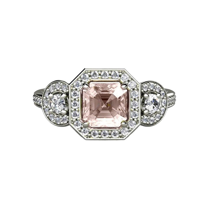 Asscher Morganite Engagement Ring Diamond Halo 3 Stone - Rare Earth Jewelry